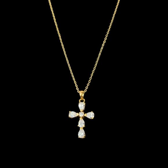 Cross Pendant Necklace Rhinestones Open Back Delicate Goldtone Chain Elegant 15" - Picture 9 of 15